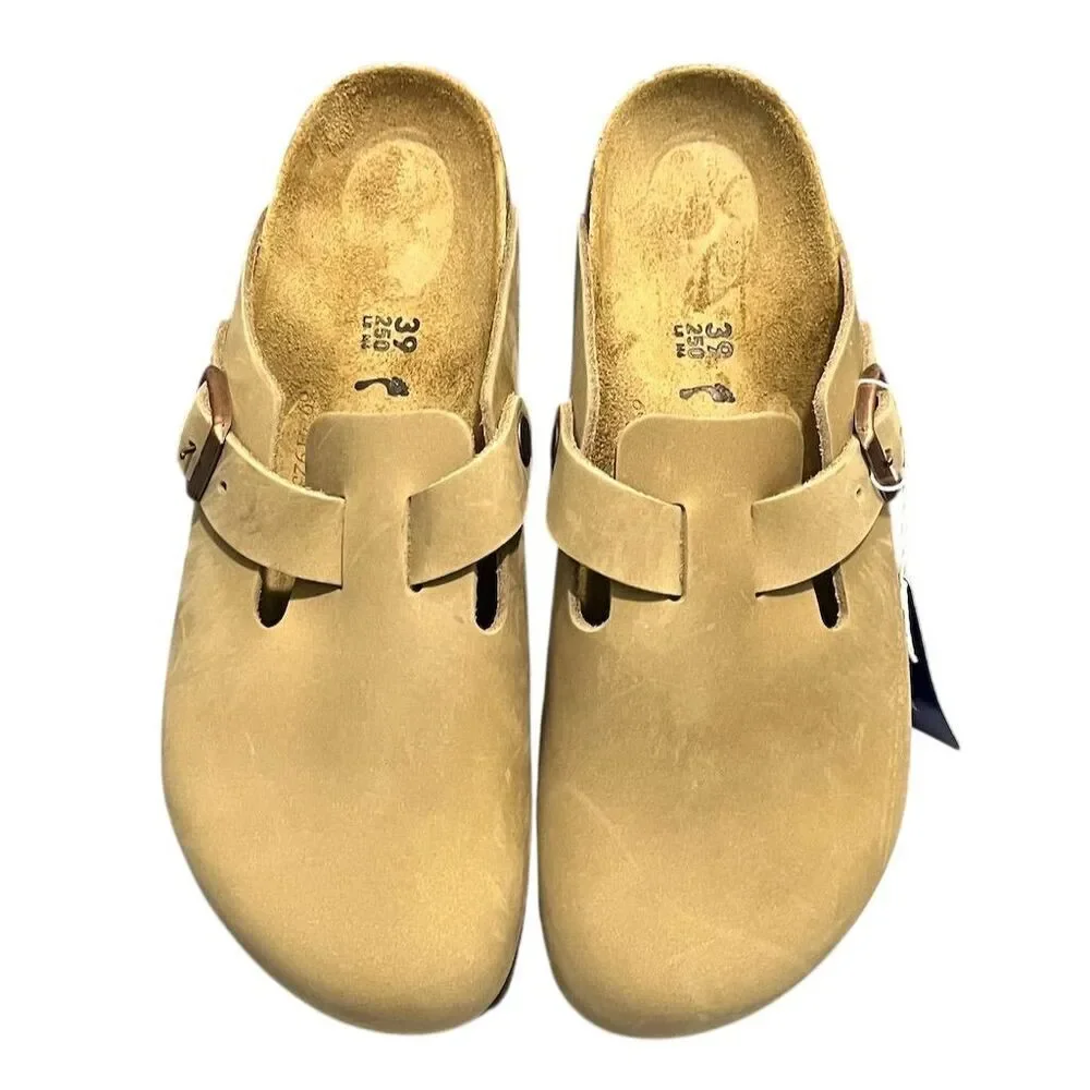 Birkenstock Boston Unisex Clogs Beige Suede Leather L8/M6 Boho Hippie Summer - Picture 2 of 15